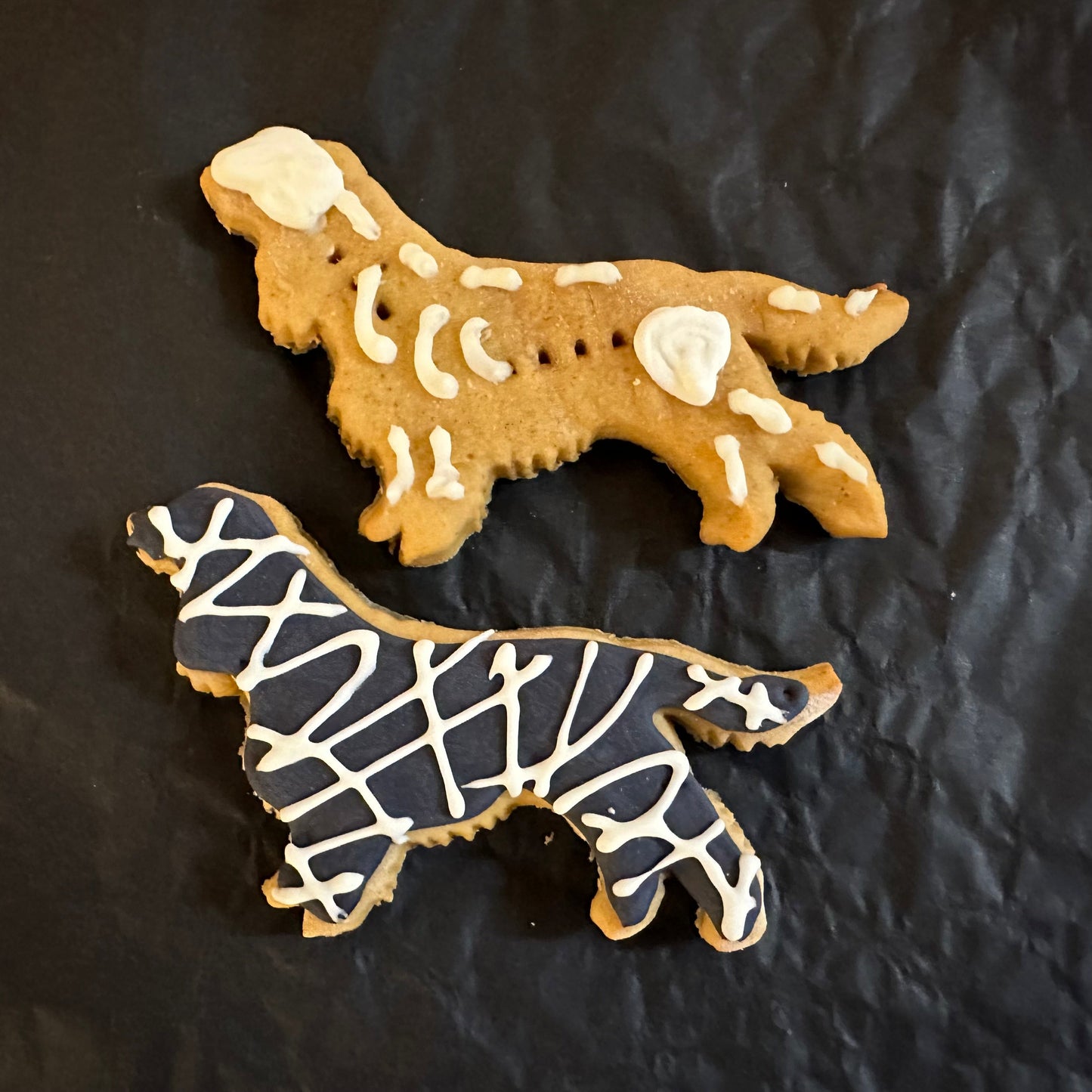 Two dog biscuits shaped like Spaniels with a skeleton and mummy design, placed on a black background with a spider web pattern.