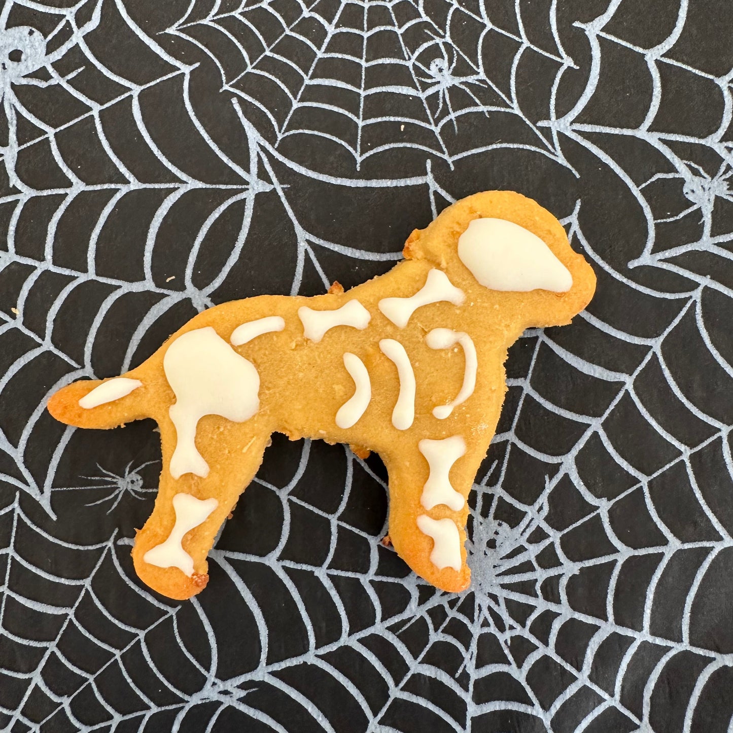 A Cockapoo shaped dog biscuits decorated with pup friendly icing  to look like a skeleton
