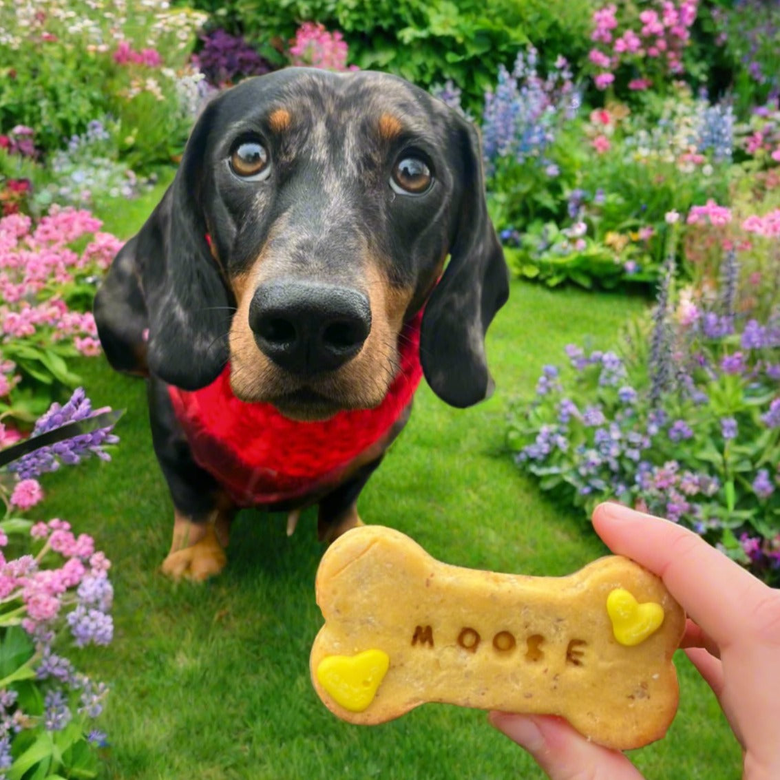 Dog posing with personalised name bone biscuit