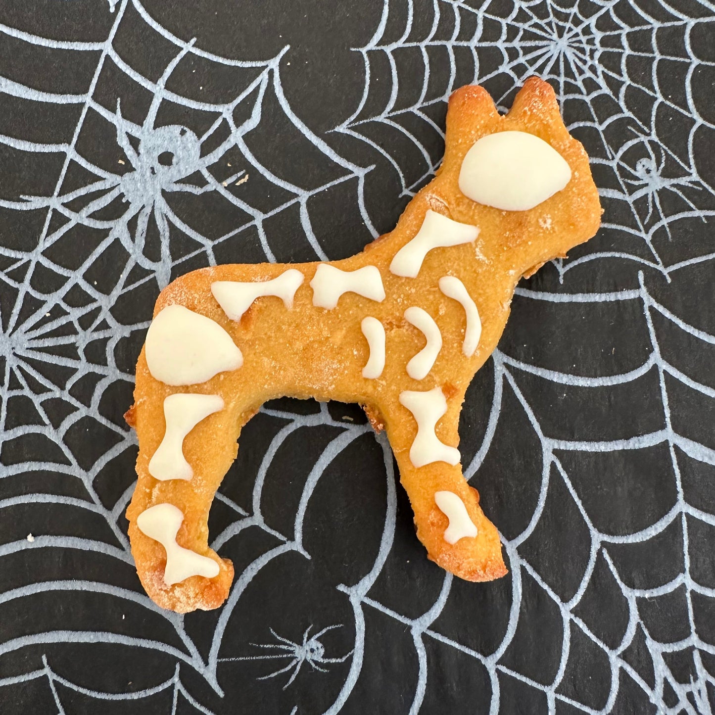 A dog biscuit shaped like French Bulldogs with a skeleton design, placed on a black background with a spider web pattern.