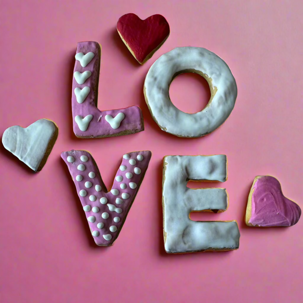 The image shows a set of dog treats with the word 'LOVE' spelled out, each cookie is decorated with heart shapes and colored icing on a background with red and white hearts.