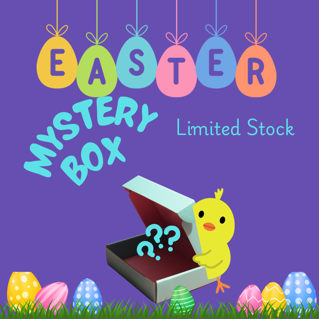 Promotional image for an Easter Mystery Box with a cartoon chicken holding a box, surrounded by Easter eggs and text indicating it's a limited stock item.