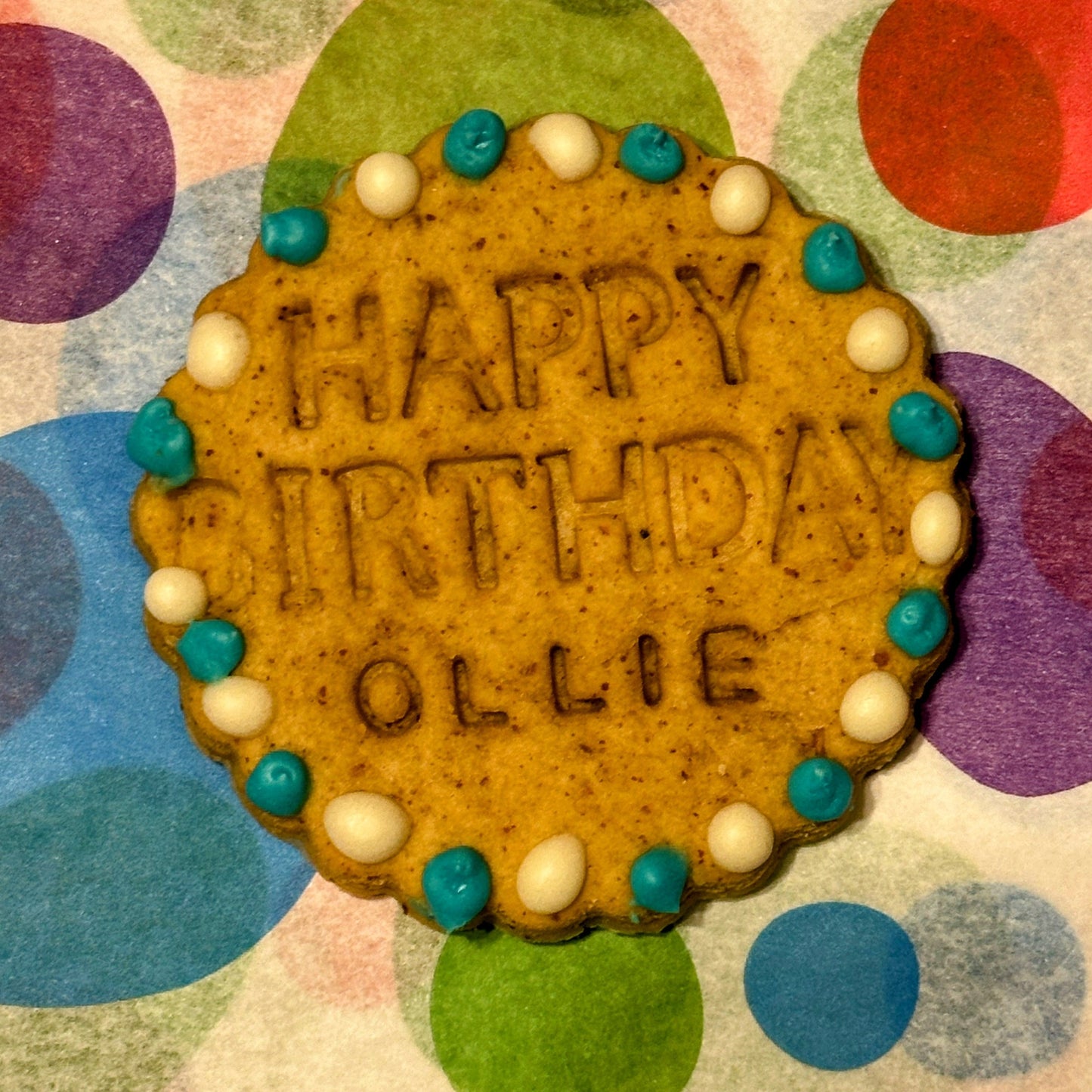 A single dog biscuits with "Happy Birthday Ollie" stamped on them decorated with blue and white dots
