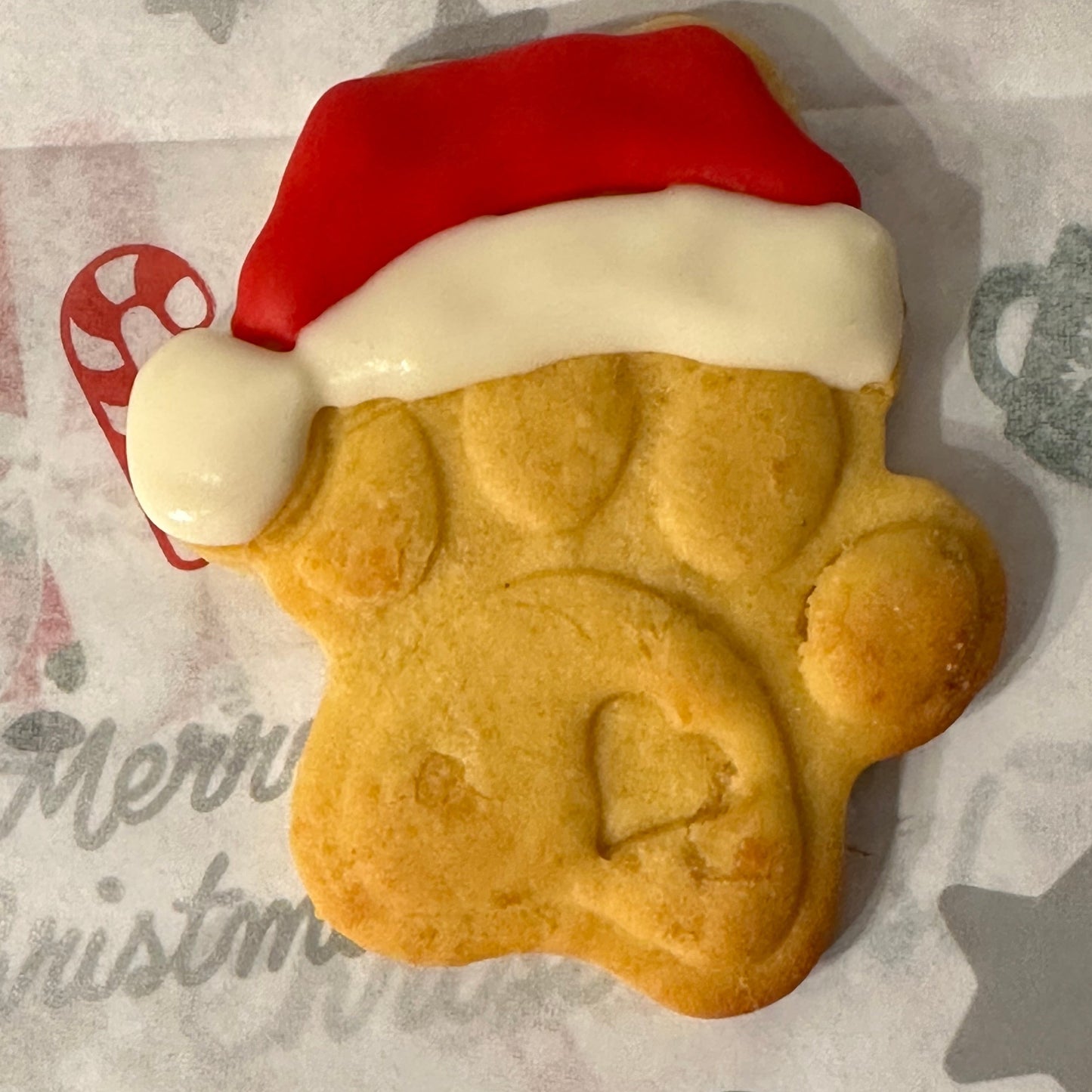 A dog biscuit shaped like a Santa hat with a red top, white trim, and a paw print in the center, placed on a patterned background.