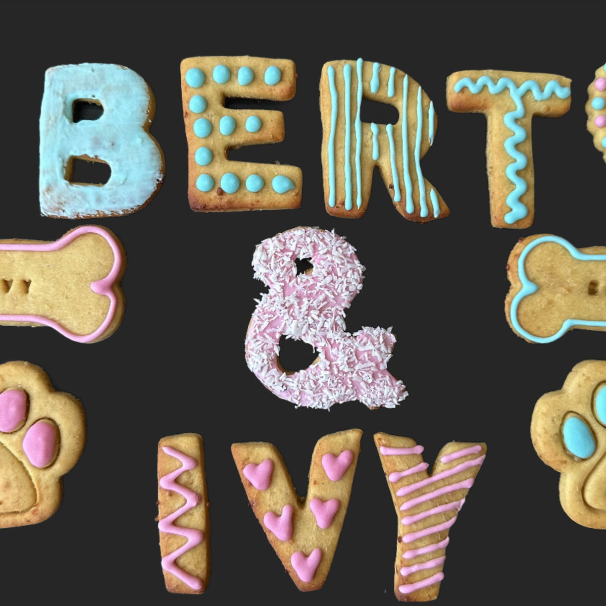 A selection of dog biscuits spelling "BERT & IVY"