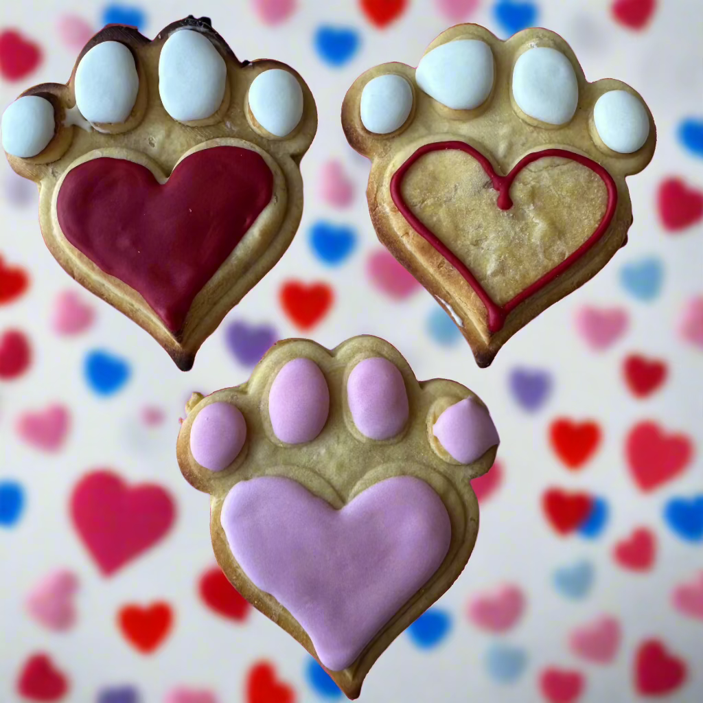 Dog biscuits shaped like paw prints with heart shapes in the center, decorated with icing on a patterned background.