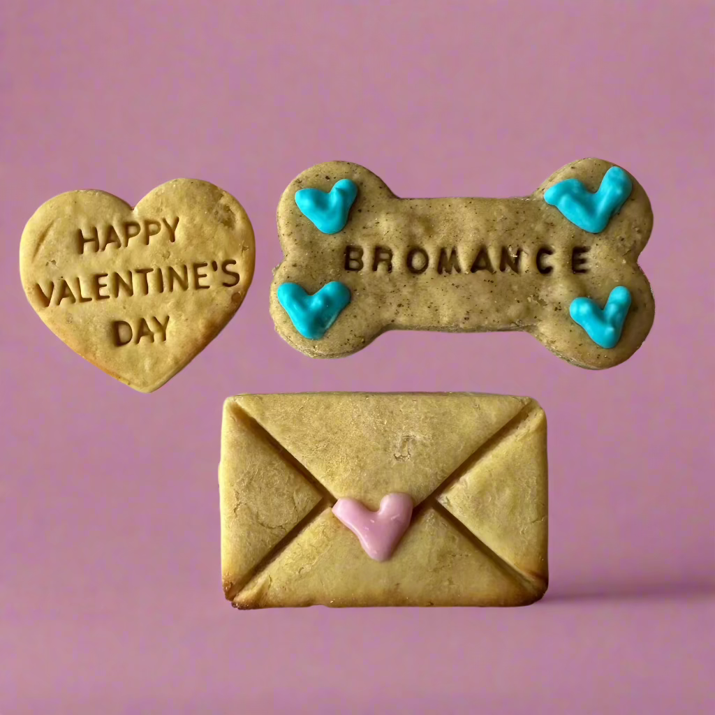 A selection of hand-decorated dog biscuits, shaped into a heart, a bone, and an envelope, with 'Happy Valentine's Day' and 'Bromancer' written on them, surrounded by small heart-shaped decorations.