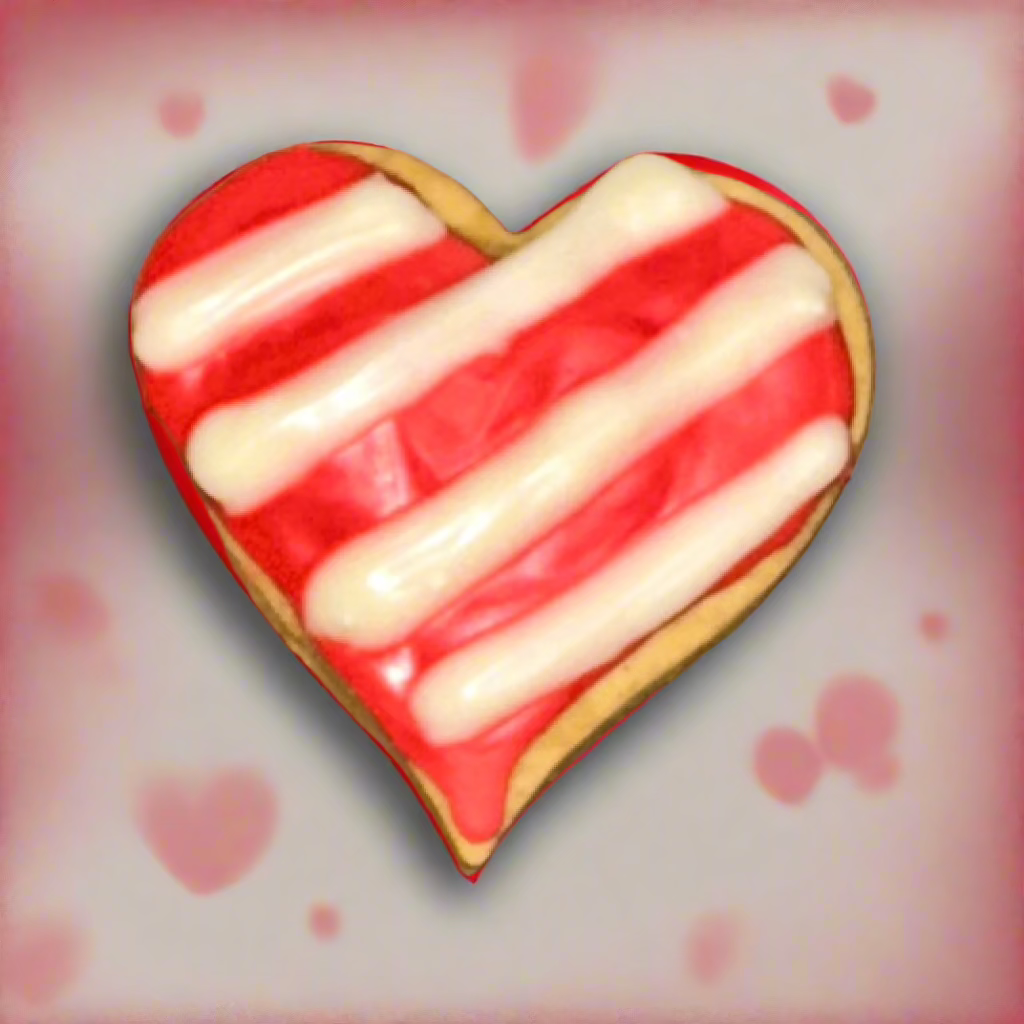 A heart shaped dog biscuits decorated in white and red icing on a pink background