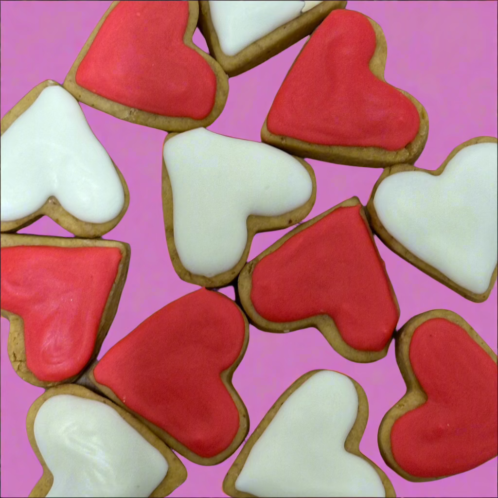 A selection of mini heart-shaped dog biscuits iced in red and white colours, displayed on a pink background
