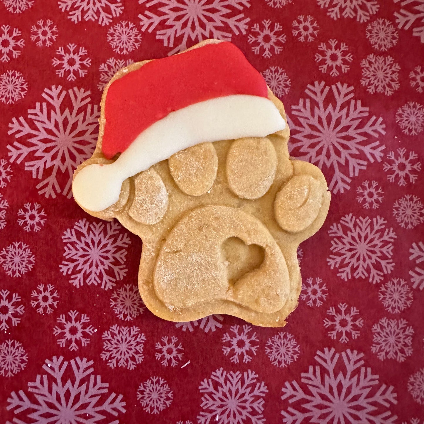 Paw shaped dog biscuit with a anta hat