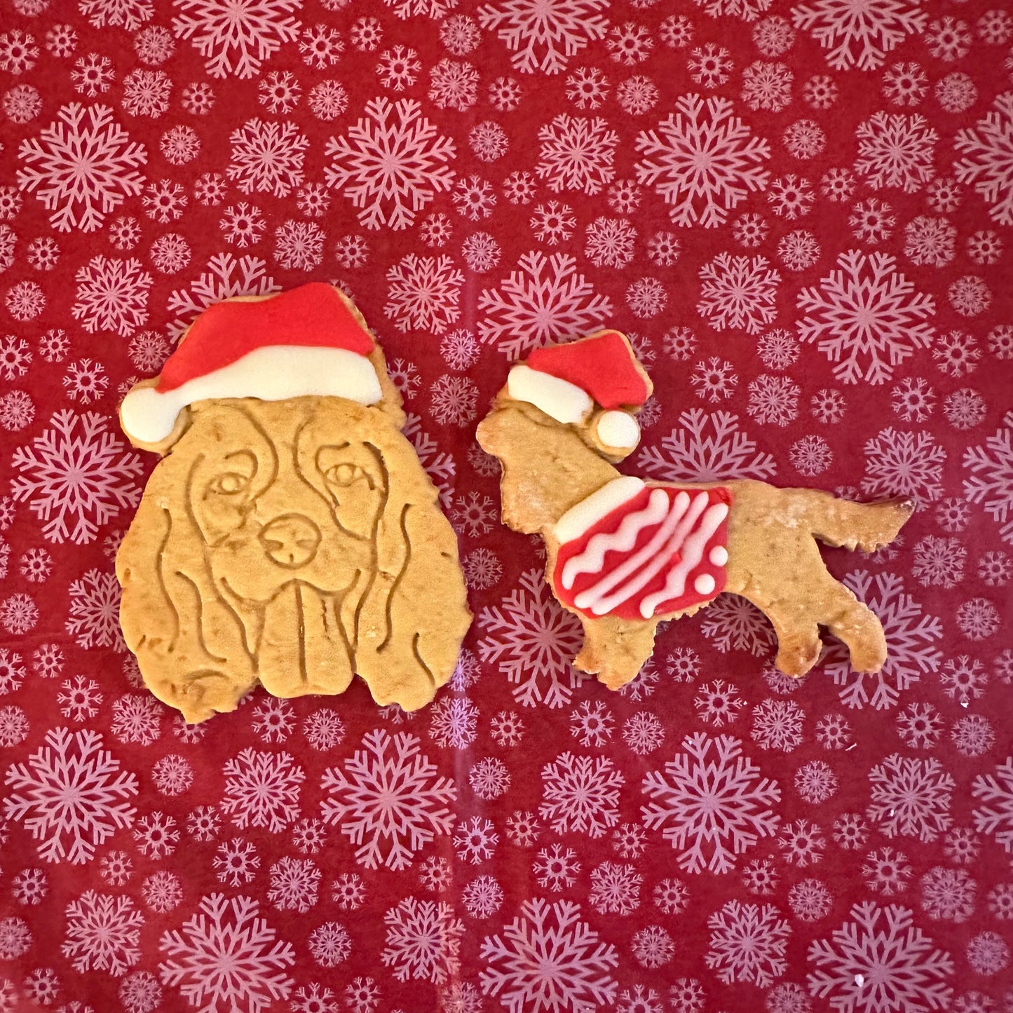Spaniel shaped dog biscuits with dog face in a Santa hat, and a spaniel in a xmas jumper