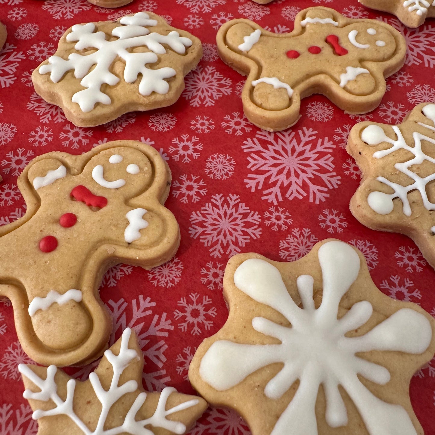 A variety of iced gingerbread man and snowflake-shaped dog treats on a red patterned surface.
