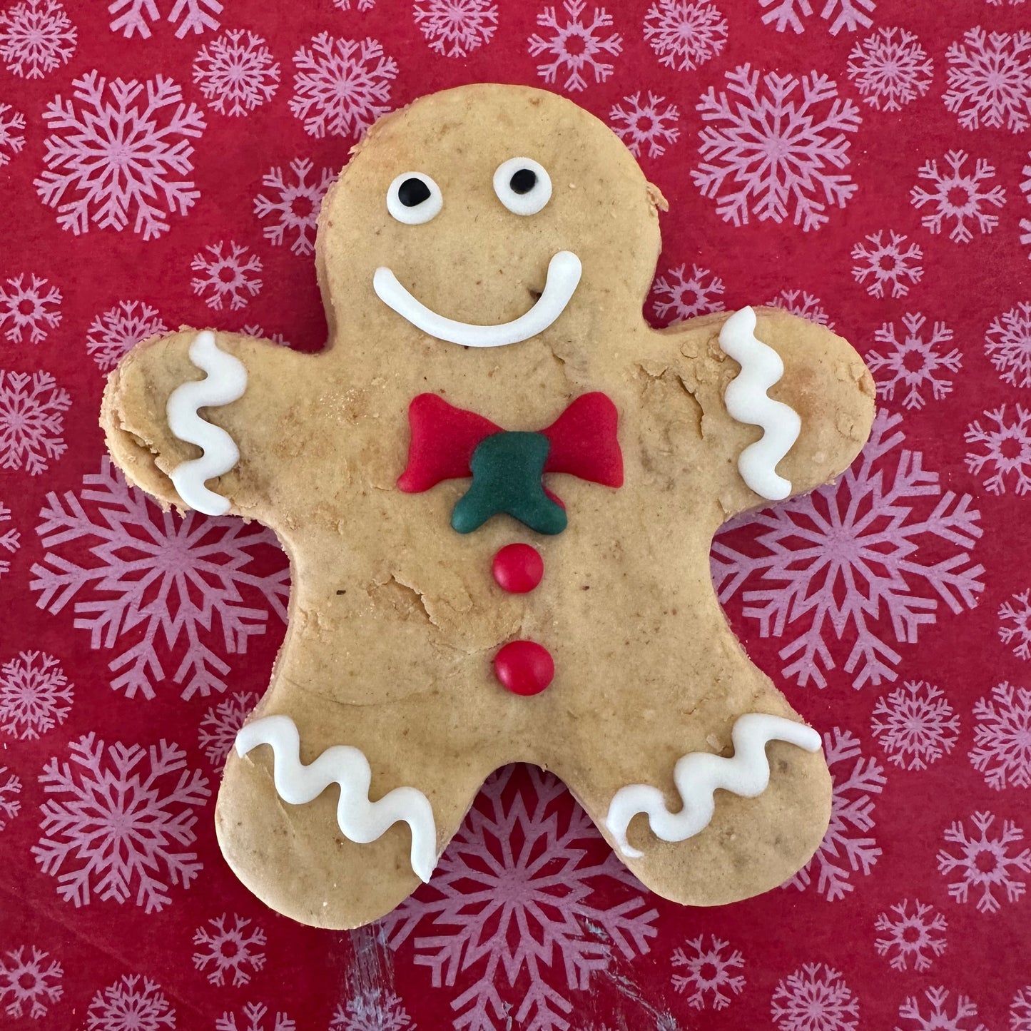 A dog biscuits shaped and decorated like gingerbread man