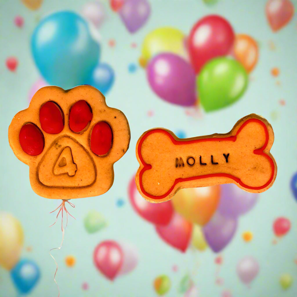 A personalised dog biscuit shaped like a dog's paw print with the number 4 and the name MOLLY on a bone shaped dog biscuit