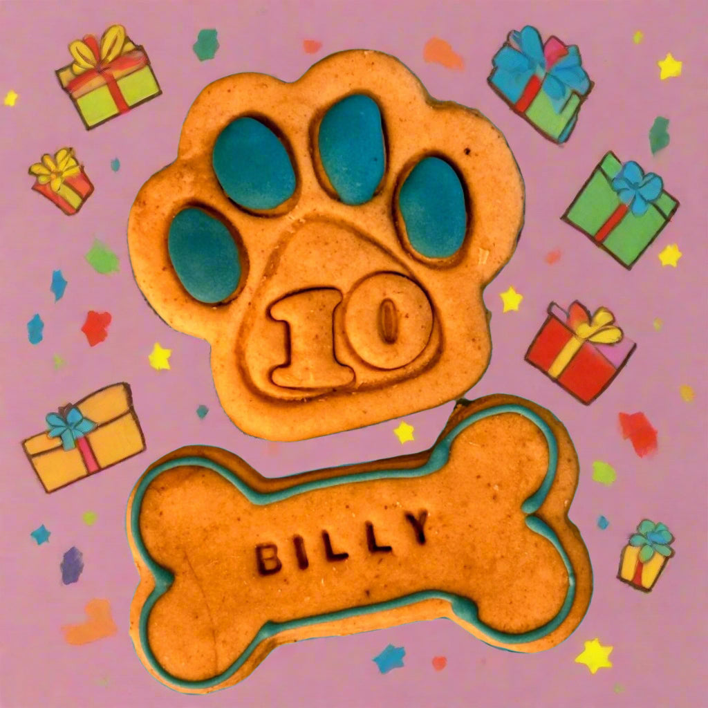 Personalised blue birthday dog biscuits with name and age