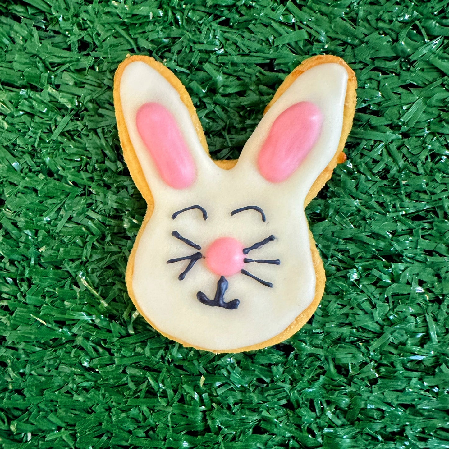 A bunny-shaped dog biscuit decorated with dog-friendly icing, presented on a green background