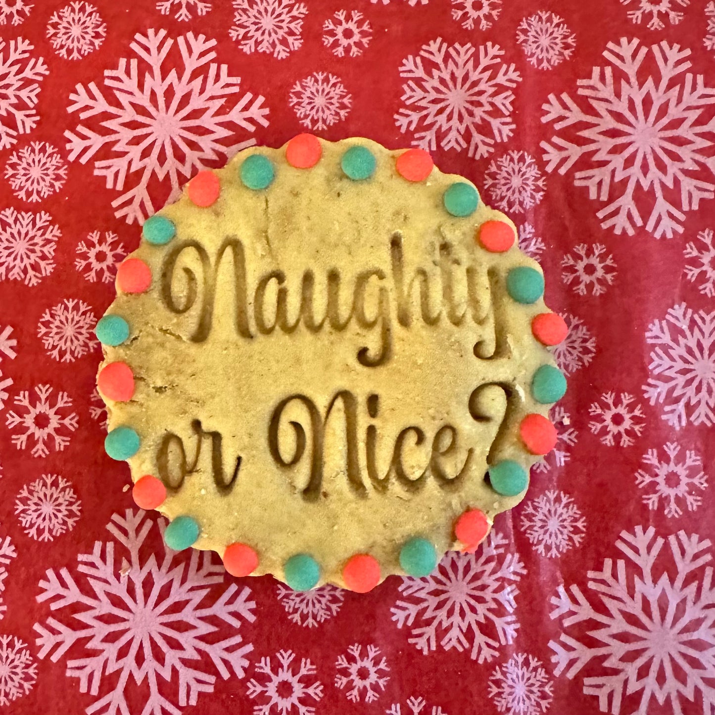 A round dog biscuit with text "Naughty or Nice?" decorated with red and green dots