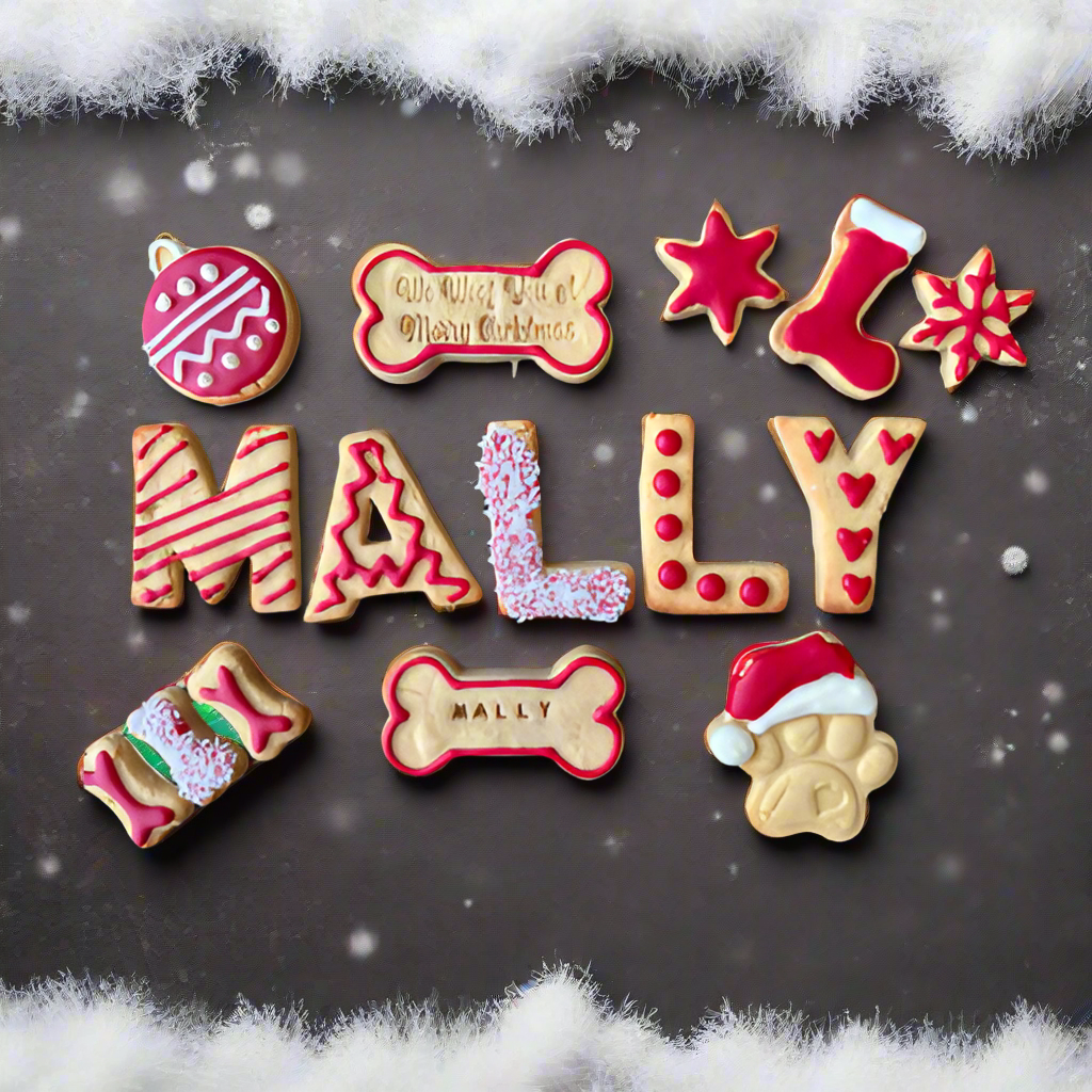An assortment of Christmas-themed dog treats with personalized bone and paw designs, including a Santa hat and other festive elements, on a background with Christmas decorations.