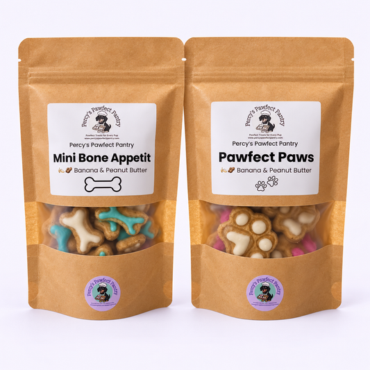 Mini Bone Appetit and Pawfect Paws banana and peanut butter dog biscuit bags