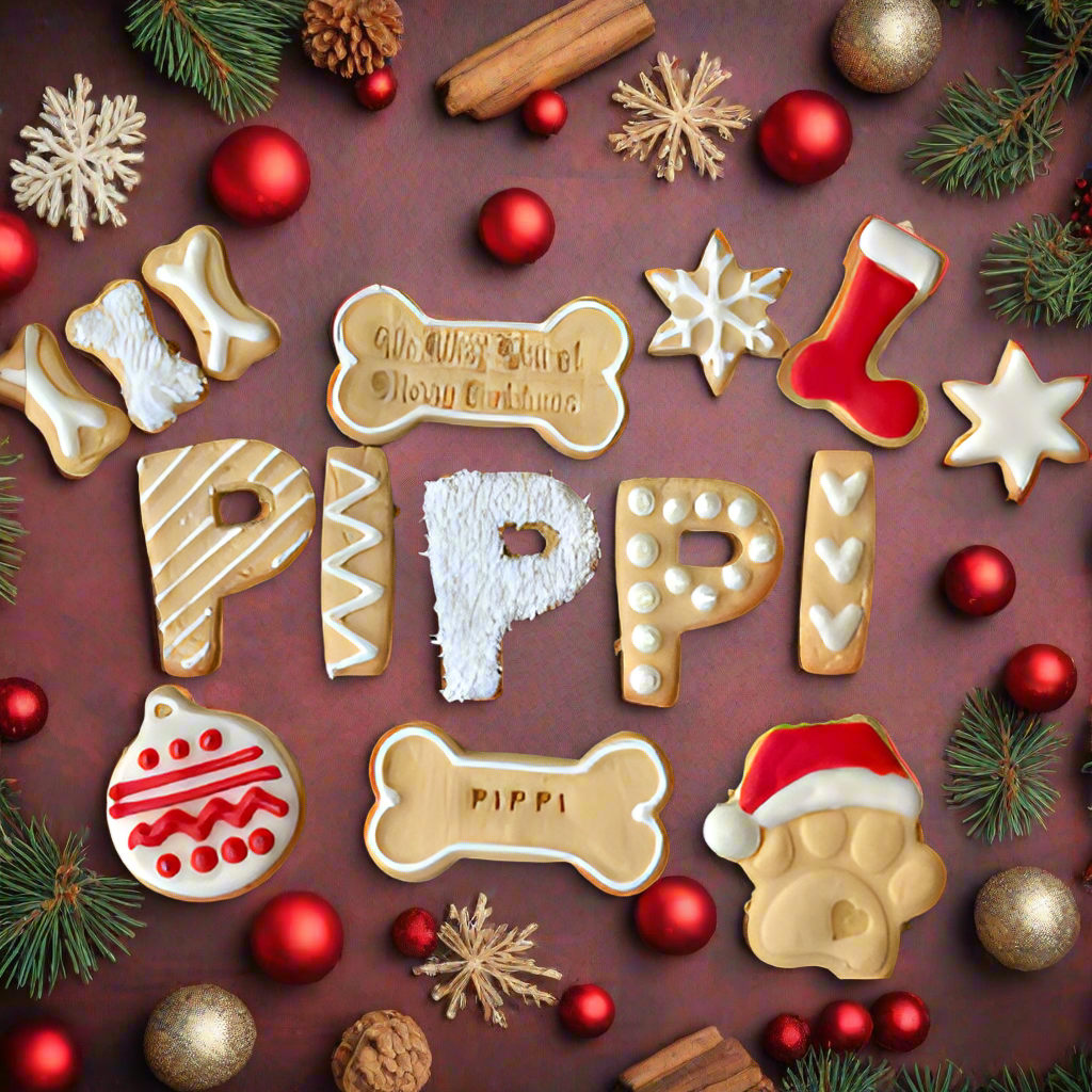 An assortment of Christmas-themed dog treats with personalized bone and paw designs, including a Santa hat and other festive elements, on a background with Christmas decorations.