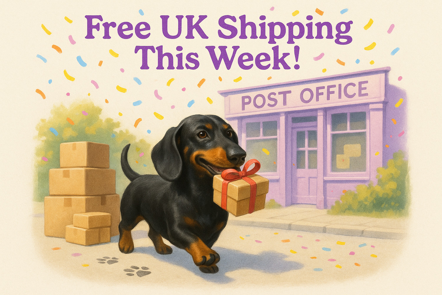 A Square image of Percy, a cute black dachshund walking happily to a quaint pastel purple post office carrying a small gift box in his mouth, parcels stacked around him, paw prints on the sidewalk, cheerful whimsical confetti in the air, text above saying “Free UK Shipping This Week!” in fun bright purple letters, playful, cute, photorealistic, Instagram and Shopify-friendly, warm and inviting, Percy-brand style.