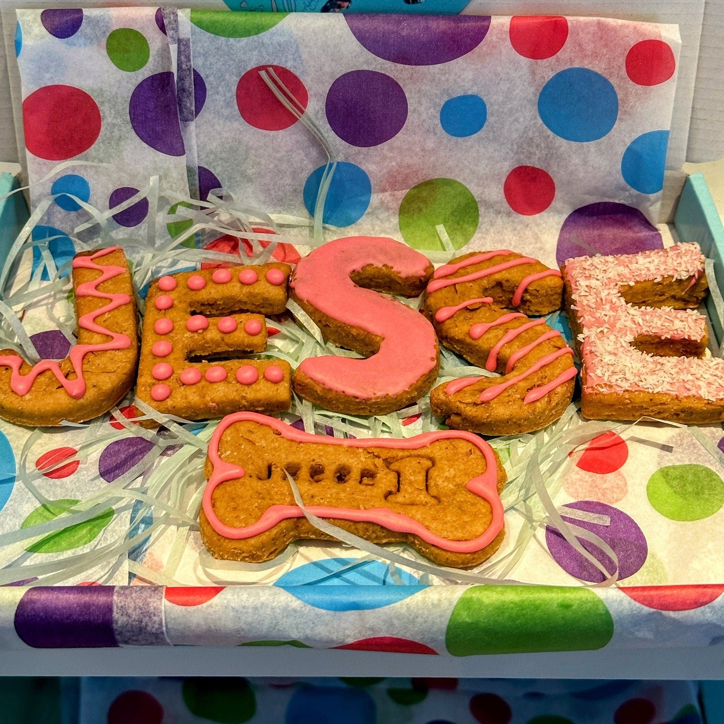 A selection of dog biscuits spelling  "JESSE"