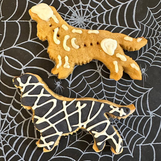 Two dog biscuits shaped like Spaniels with a skeleton and mummy design, placed on a black background with a spider web pattern.