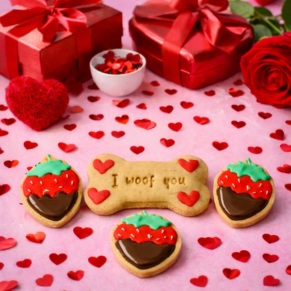 Dog treats with 'I woof you' on a pink background with red hearts and gift boxes.