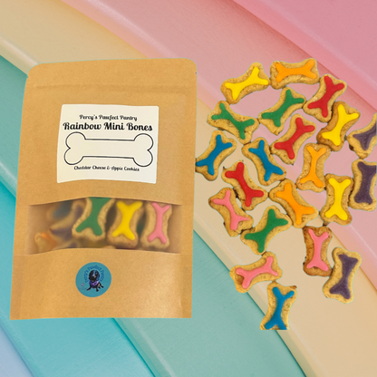 Packaged rainbow mini bones cookies with a colorful background