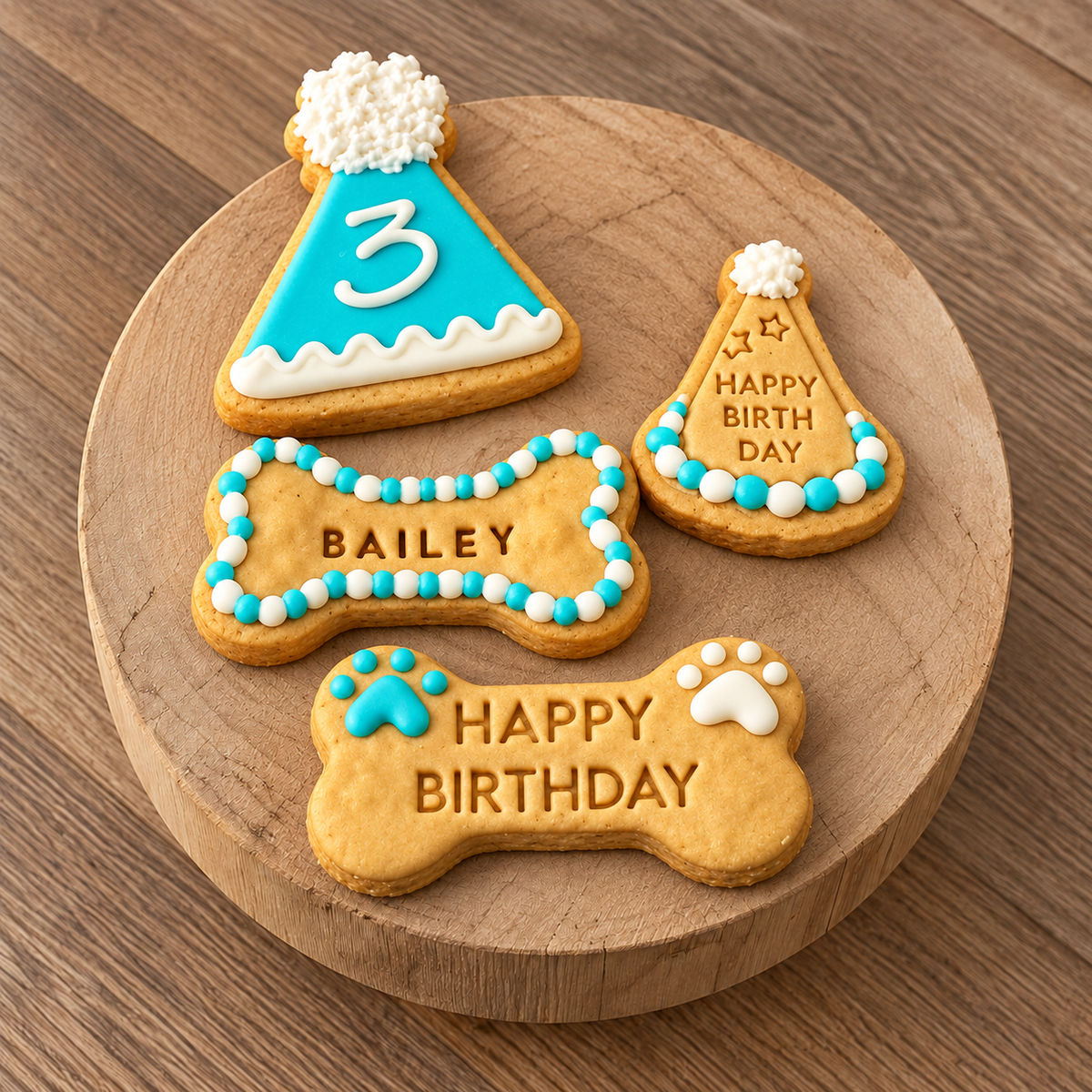 Hats Off Birthday Bundle with personalised Bailey dog biscuits, blue and white icing, number 3 party hat and birthday bone biscuits.