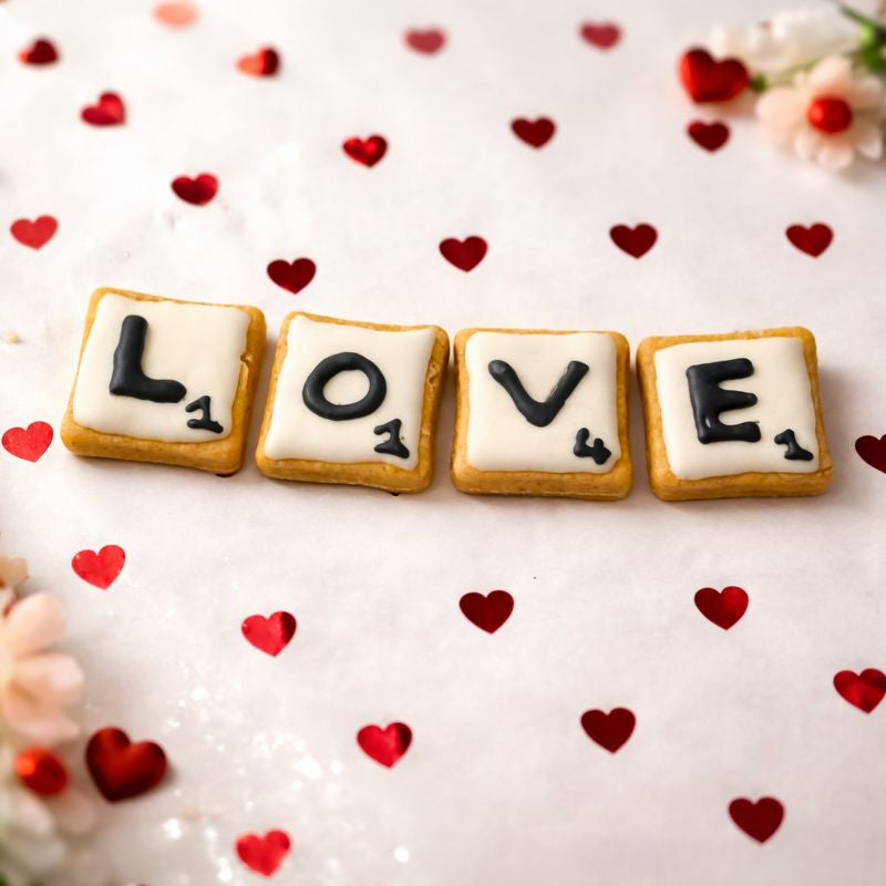 Cookies arranged to spell 'LOVE' with heart-shaped candies on a light background