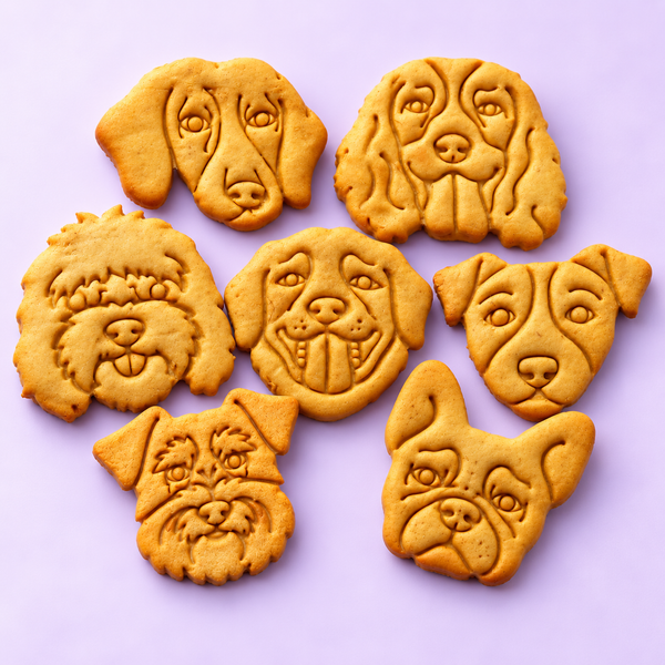 Seven handmade dog breed face biscuits from Percy’s Pawfect Pantry Just Like Me range, arranged on a soft lilac background.