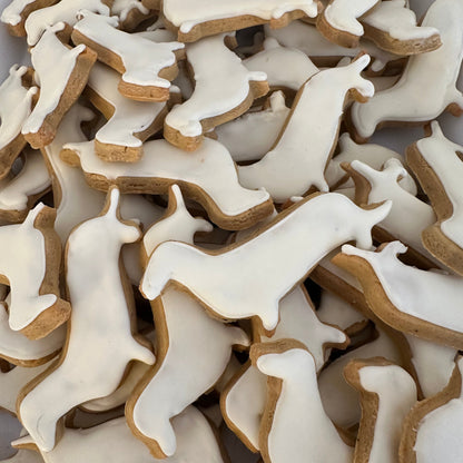 Iced dachshund-shaped dog treat made with natural ingredients