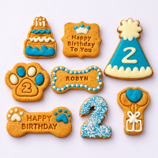Personalised dog birthday biscuit set with blue and white icing, including Robyn’s name, number 2 biscuits and a matching large party hat biscuit.