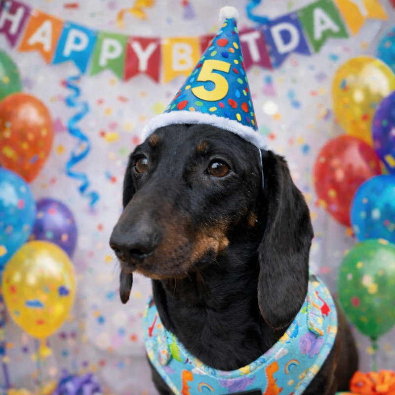 Percy celebrating a birthday with a colourful party hat and background