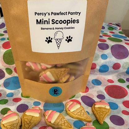 Bag of Percy's Pawfect Pantry Mini Scoopies cookies on a polka dot tablecloth