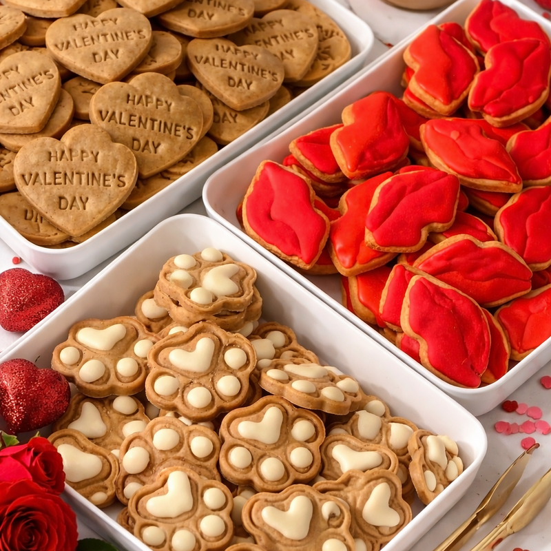 Valentine's Day cookies in heart shapes on a white surface with red roses and confetti.