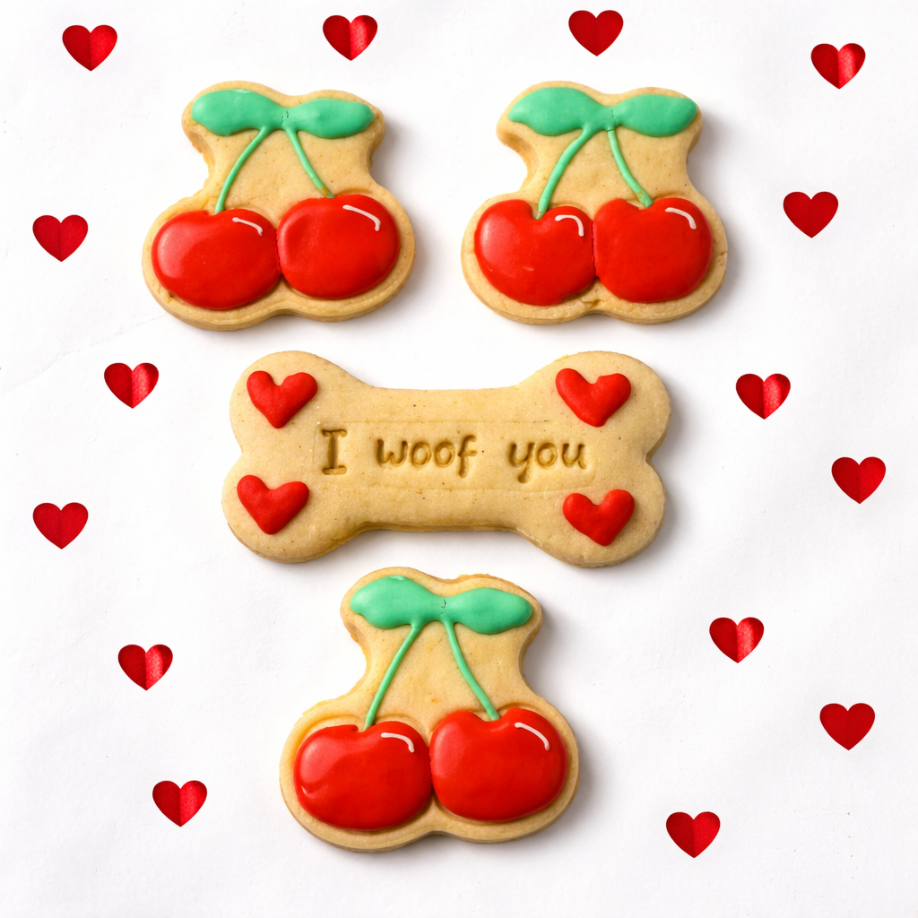 Dog treats shaped like bones and cherries with 'I woof you' text, surrounded by heart decorations on a white background.