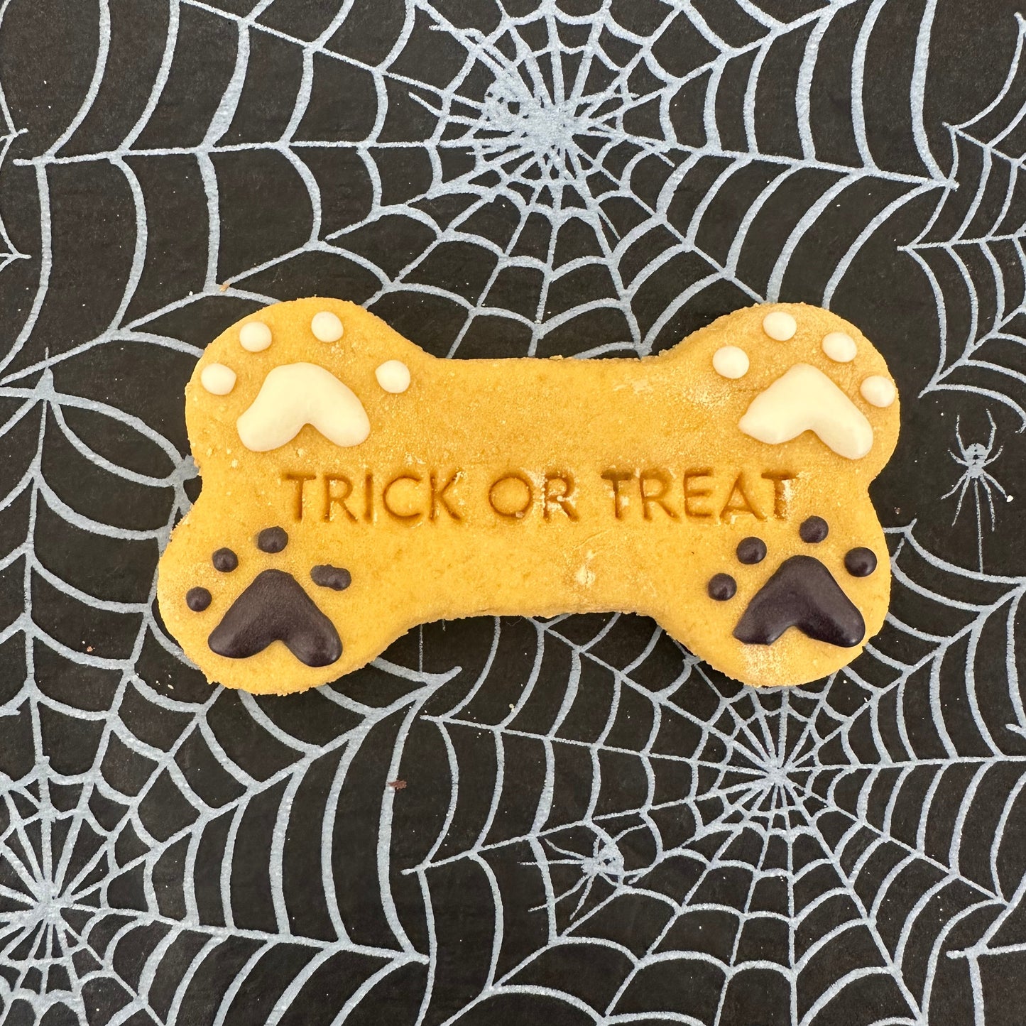 Dog bone-shaped cookie with 'Trick or Treat' text on a spider web background
