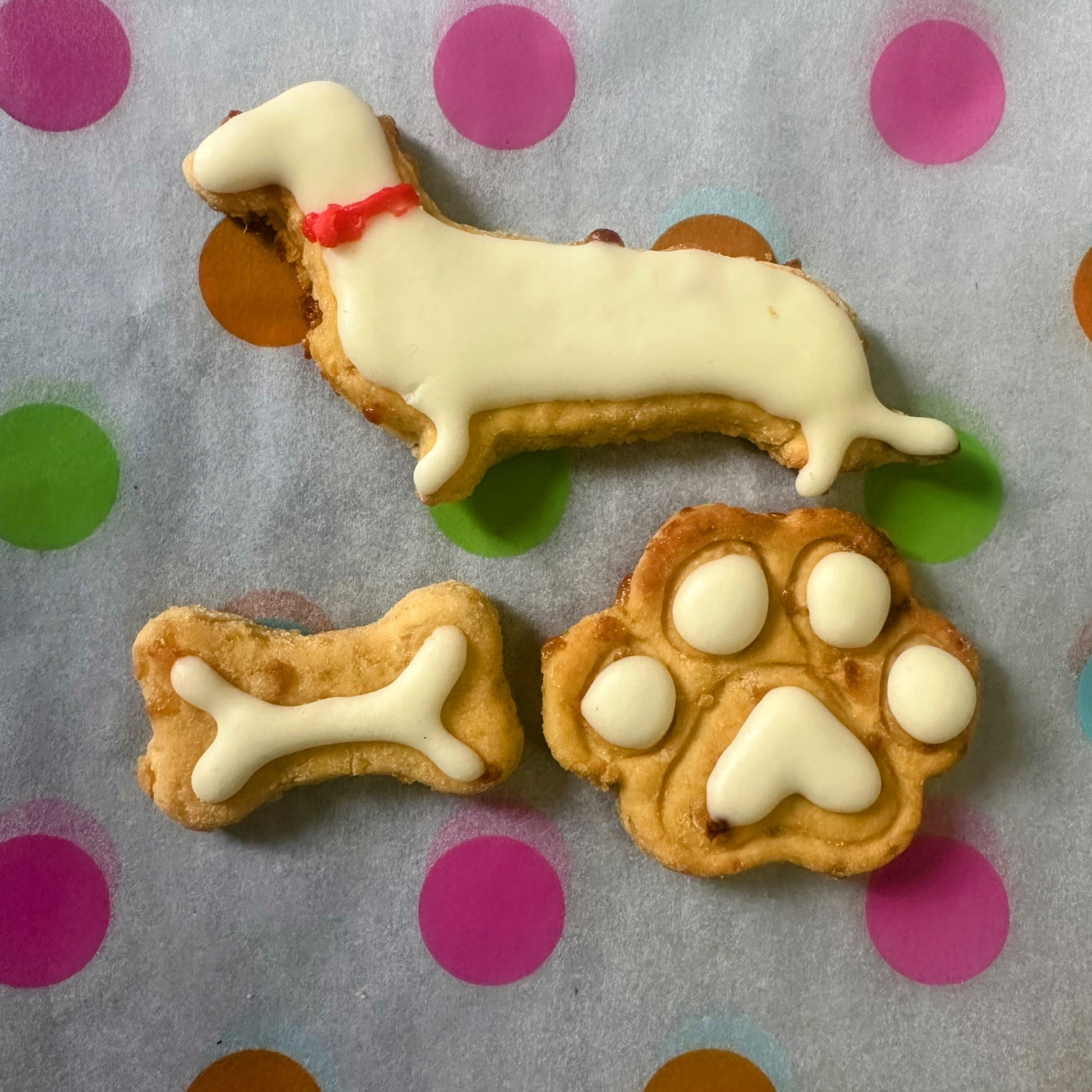 Dog-shaped cookies on a polka dot background
