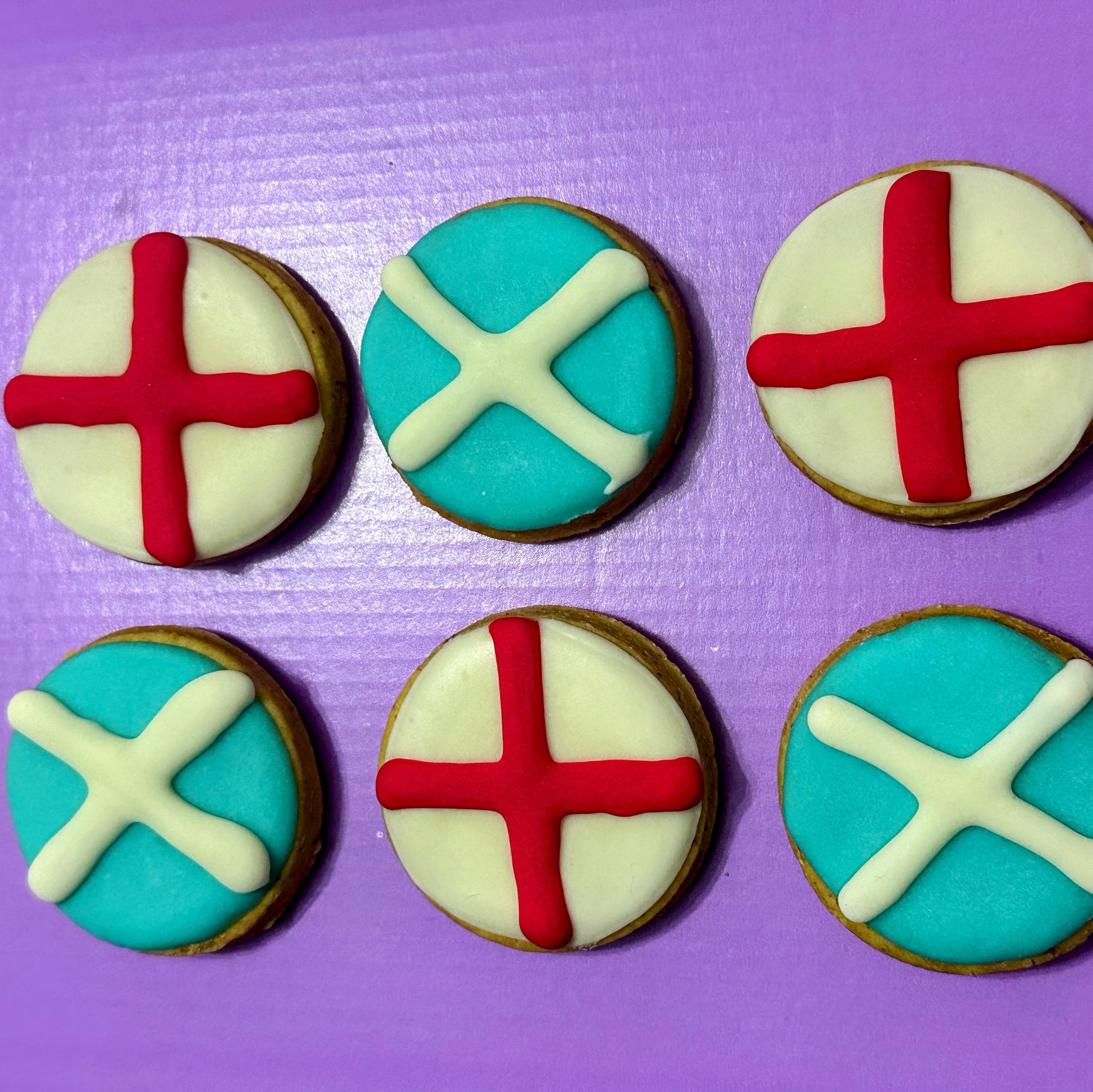 Football-themed dog biscuits decorated as Scotland and England flags, handmade grain-free dog treats for match days, football celebrations and World Cup supporters