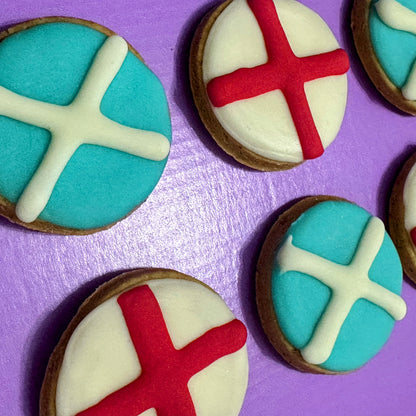 Football-themed dog biscuits decorated as Scotland and England flags, handmade grain-free dog treats for match days, football celebrations and World Cup supporters