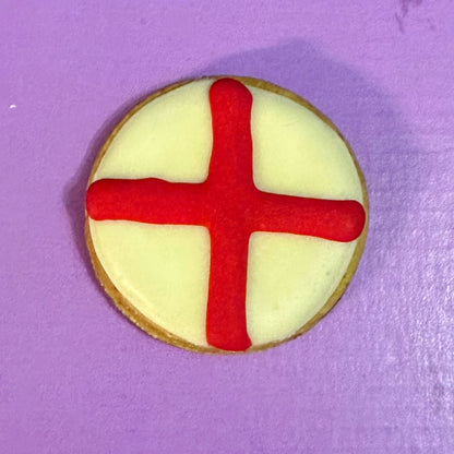 England flag dog biscuits for dogs, handmade and decorated with red and white icing. Grain-free football-themed treats perfect for match days and celebrations.