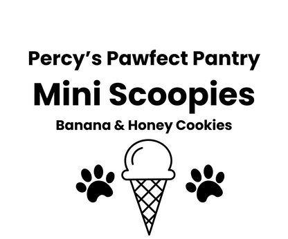 Logo for Percy's Pawfect Pantry Mini Scoopies with an ice cream cone and paw prints on a white background.