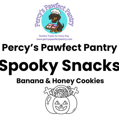 Percy's Pawfect Pantry Spooky Snacks packaging with a dog illustration and Halloween-themed design.