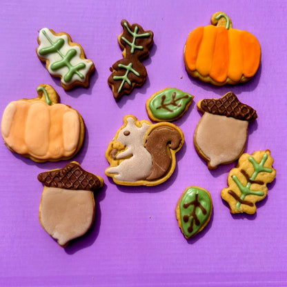 Decorative cookies shaped like pumpkins, leaves, and a squirrel on a purple background