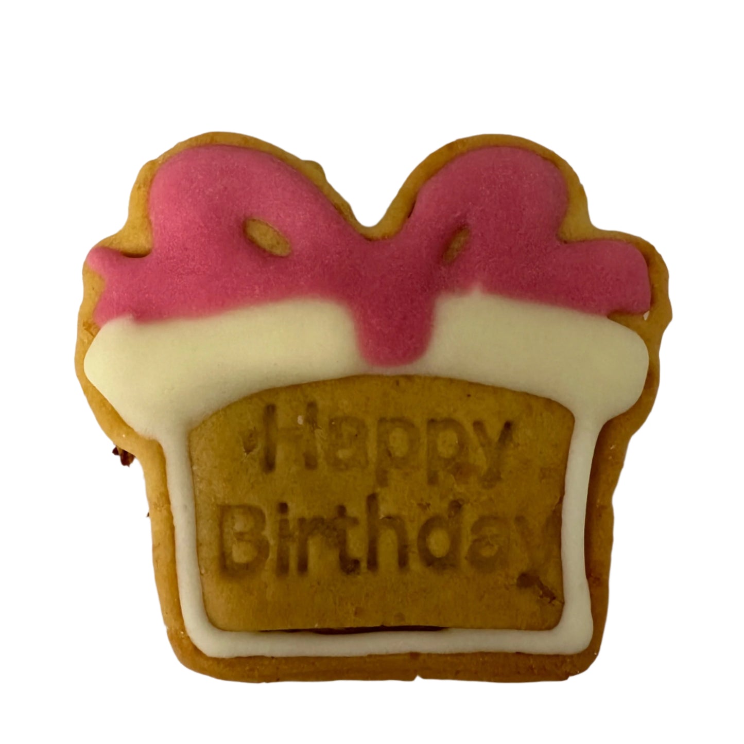 Cookie shaped like a birthday present with pink and white icing on a white background