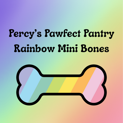 Product image for Percy's Pawfect Pantry Rainbow Mini Bones, featuring a colorful bone-shaped treat with a rainbow design.
