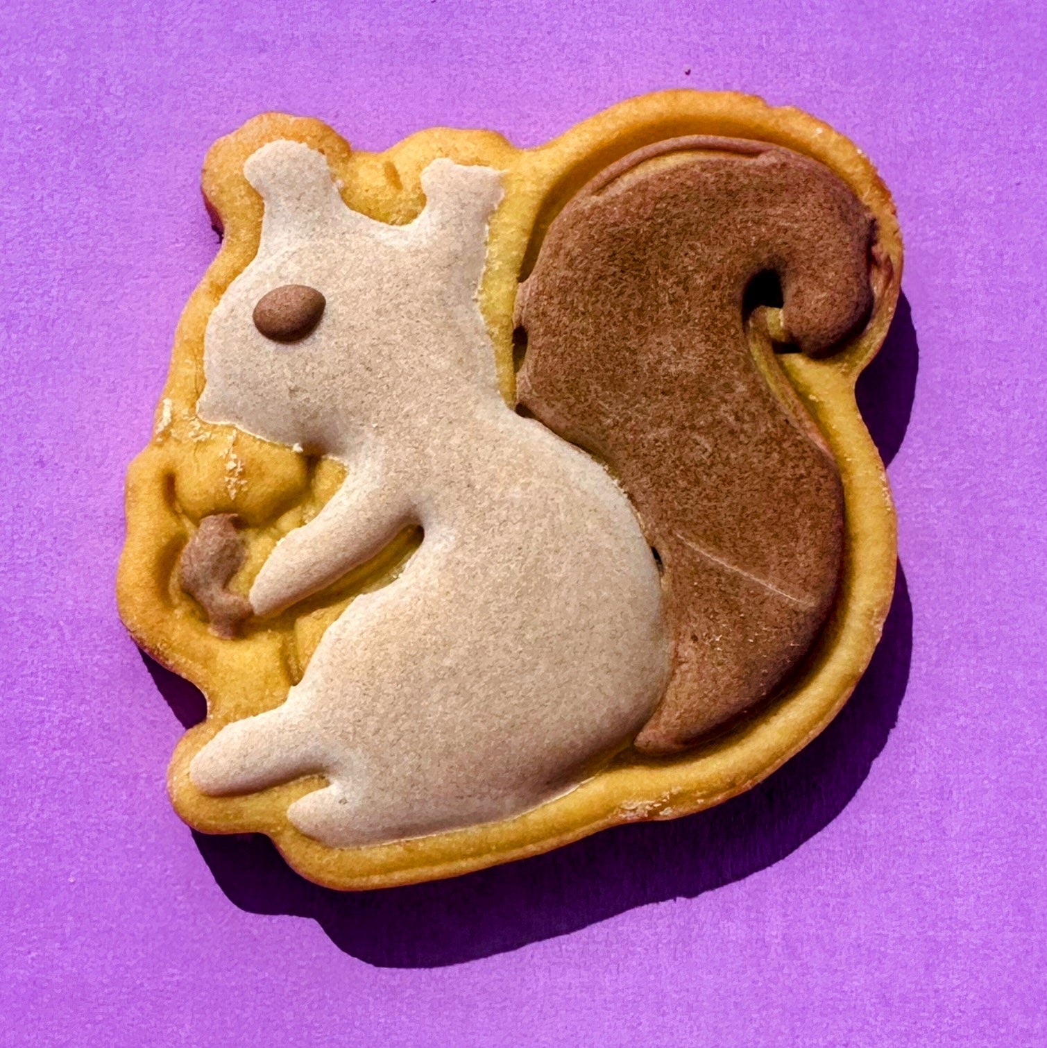 Squirrel-shaped cookie with white body and brown back on a purple background