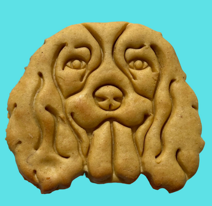 A cookie shaped like a Spaniel's face on a blue background.